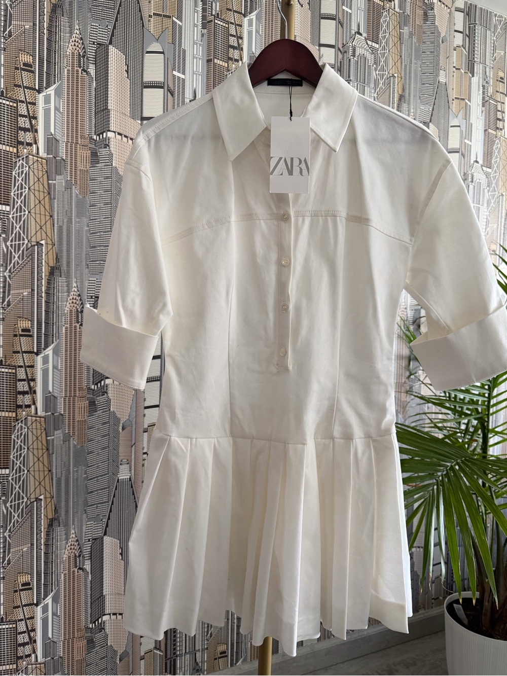 Zara White Pleated Shirt Dress with Short Sleeves